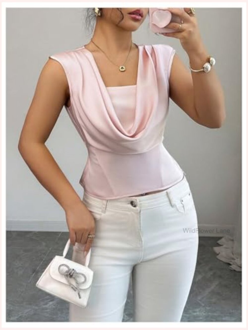 Satin Draped Cowl Neck Sleeveless Blouse Dressy Top - Picture 5 of 5